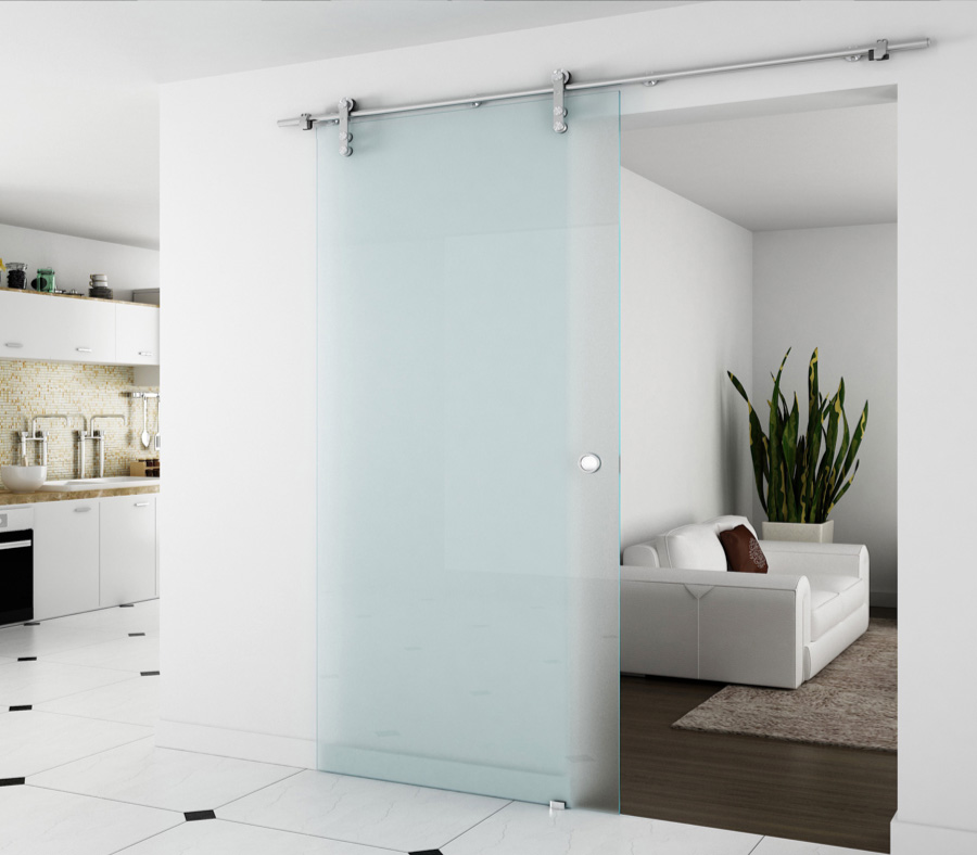Frameless Glass Barn Door System with Acid Etched Glass